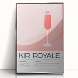 Large art print of assorted fruits and beverages in a mid-century modernist style, framed in silver acrylic.