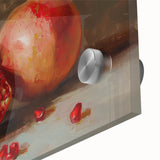 Large abstract wall art featuring assorted fruits in vibrant colors on acrylic glass, ideal for dining room decor.