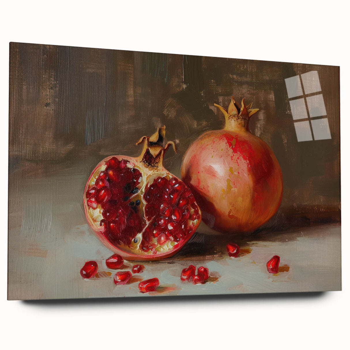 Large abstract wall art featuring assorted fruits in vibrant colors on acrylic glass, ideal for bedroom or dining room decor.