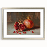 Textured art depicting abstract fruit designs in muted earth tones, framed in silver, suitable for bedroom decor.