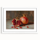 Abstract art print featuring assorted fruits in vibrant colors on a white framed mat, suitable for dining room decor.