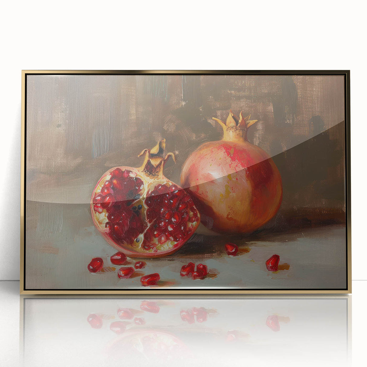 Large art print of assorted fruits in vibrant colors on a gold acrylic frame, styled in mid-century modernist art.