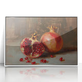 Art deco poster featuring an assortment of vibrant colored fruits on white acrylic, framed, ideal for nursery wall art.
