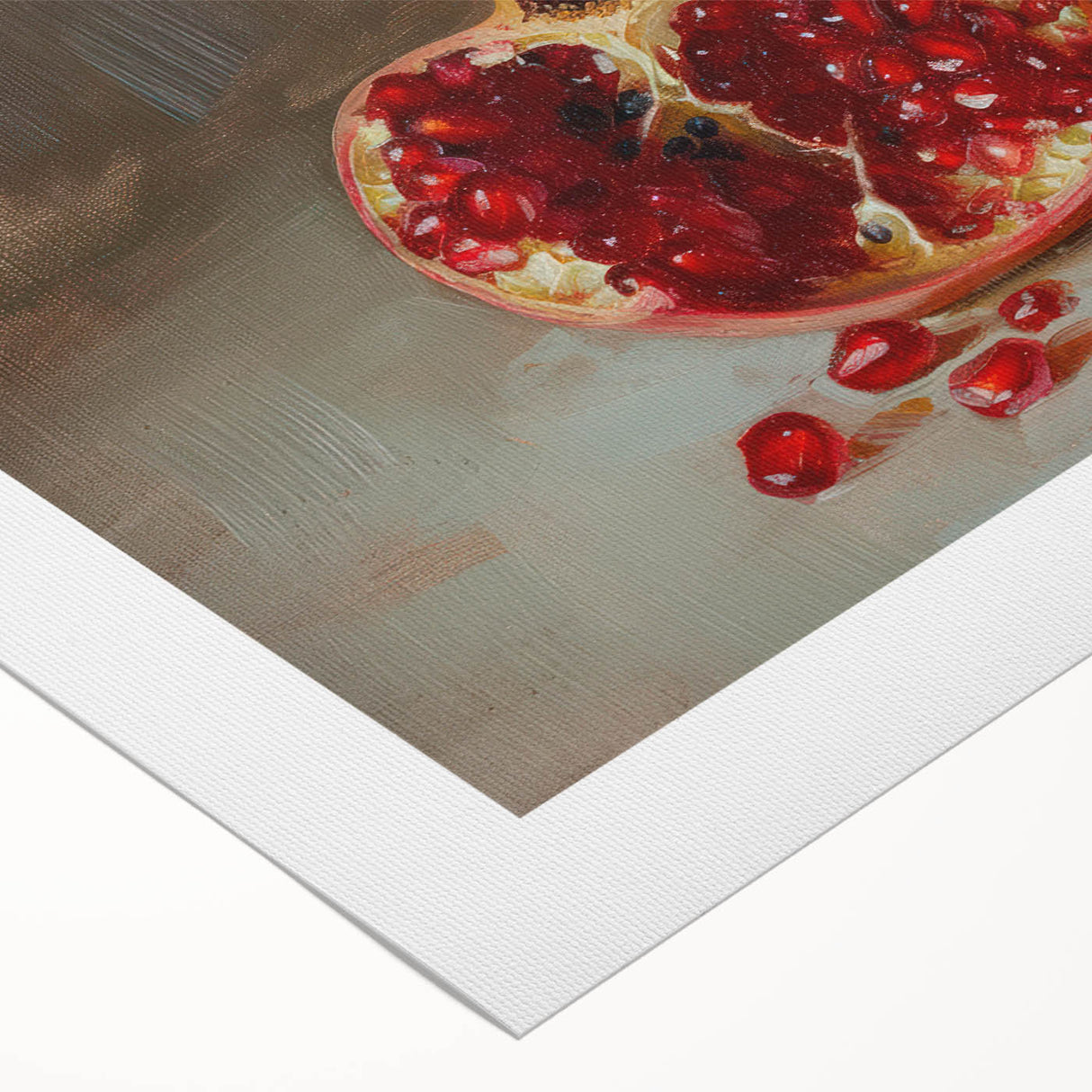Art deco poster featuring an assortment of fruits in muted colors on rolled canvas, suitable for dining room decor.