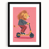 Children's Wall Decor – Cool Lion on Scooter Illustration Print