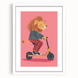 Children's Wall Decor – Cool Lion on Scooter Illustration Print