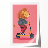 Children's Wall Decor – Cool Lion on Scooter Illustration Print