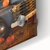 Large abstract wall art featuring mid-century modernist autumn hues on acrylic glass, suitable for dining room decor.