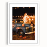 Abstract art print of fall trees in orange and red tones, white-framed with mat, suitable for dining room decor.