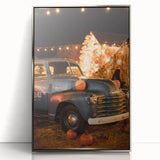 Mid-century modernist art depicting fall foliage in vibrant oranges and reds on a framed acrylic.