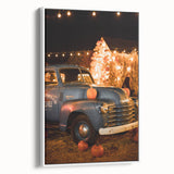 Vintage poster art of an autumn landscape on framed canvas, featuring a palette of orange and brown.