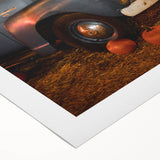 Art deco poster featuring a stylized autumn tree in warm orange and brown tones on rolled canvas.