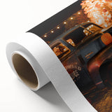 Art deco poster of a stylized fall scene with warm orange and brown tones on rolled canvas, suitable for nursery wall art.