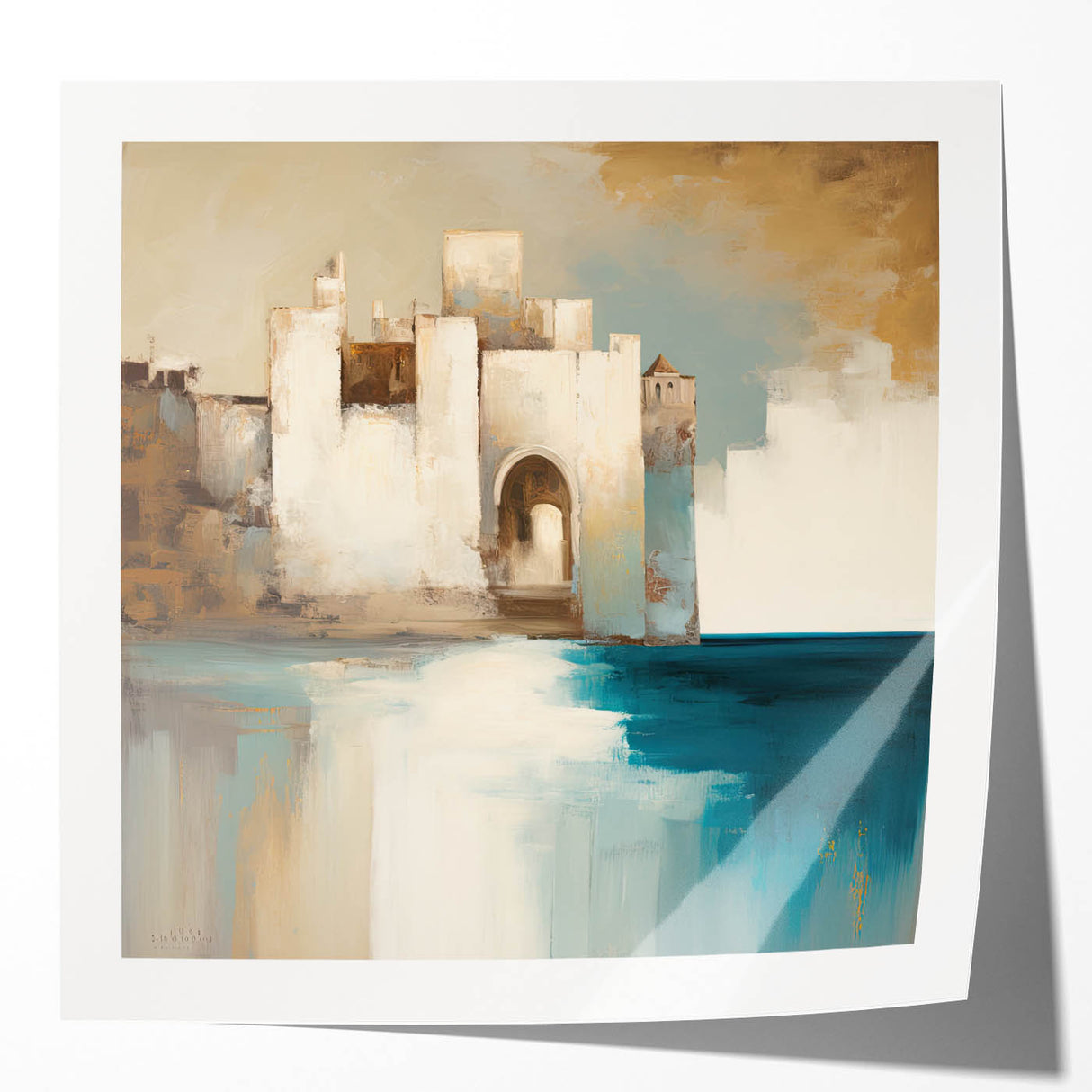 Abstract wall art print showcasing geometric architectural designs in vibrant colors, elegantly displayed in a glossy mockup setting for modern decor inspiration.