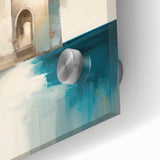 Close-up of abstract architectural wall art design on acrylic glass, showcasing vibrant geometric patterns in shades of blue and orange, ideal for modern decor.