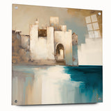 Abstract architectural wall art design displayed in a sleek acrylic format, showcasing vibrant colors and geometric patterns, mounted with decorative pins.