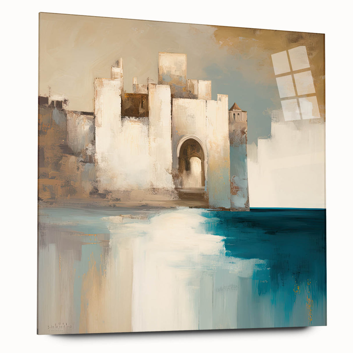 Abstract architectural wall art design displayed on acrylic glass, showcasing a modern side view with intricate patterns and vibrant colors, perfect for contemporary home decor.