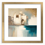 Abstract architecture wall art framed with a gold mat, showcasing geometric patterns and vibrant colors. Perfect for modern home decor and art enthusiasts.