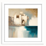 Abstract architecture wall art framed in white, showcasing geometric shapes and a modern design, perfect for contemporary interior decor.