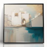 Framed acrylic wall art showcasing an abstract architectural design with black and white geometric patterns, perfect for modern home decor. The artwork enhances contemporary interiors with its sleek front view, ideal for art enthusiasts seeking unique statement pieces.