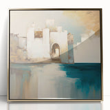 Framed acrylic wall art showcasing a striking abstract architecture design in gold tones, perfect for modern home decor. Ideal for adding elegance and style to any room.