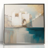 Framed abstract architecture wall art in silver acrylic, showcasing geometric shapes and modern design elements, perfect for contemporary home decor.