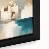 Close-up of a framed abstract architecture wall art piece showcasing geometric patterns in vibrant colors, ideal for modern interior decor and artistic expression.