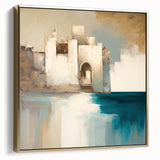 Framed abstract architecture wall art featuring a blend of silver and gold tones, set against a textured canvas background, ideal for modern home decor.