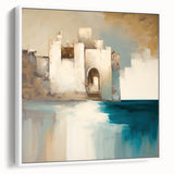 Framed canvas wall art showcasing a contemporary abstract architectural design in white tones, featuring clean lines and geometric shapes, ideal for modern interiors.