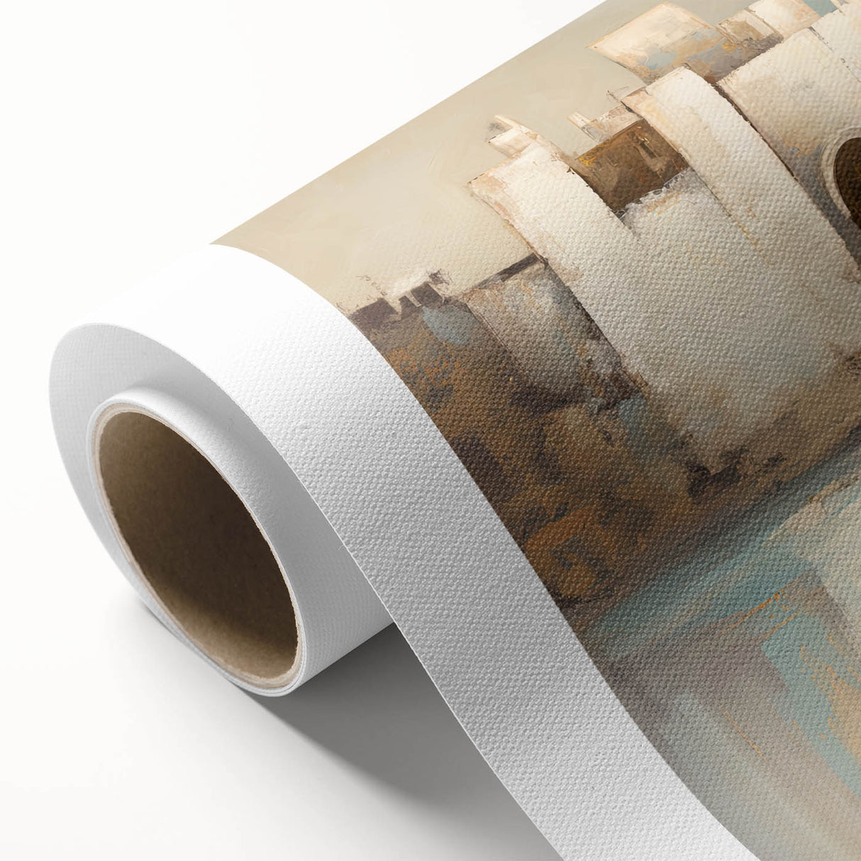 Abstract architecture wall art on rolled canvas, showcasing geometric shapes in vibrant blue and orange hues, perfect for modern home decor.