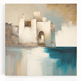 Abstract architectural wall art on stretched canvas, showcasing geometric patterns in vibrant blue and gold hues, perfect for modern home decor.