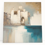 Abstract architectural wall art on a stretched canvas, showcasing geometric shapes in a blend of soft blues and whites, leaning against a textured wall, perfect for modern decor.