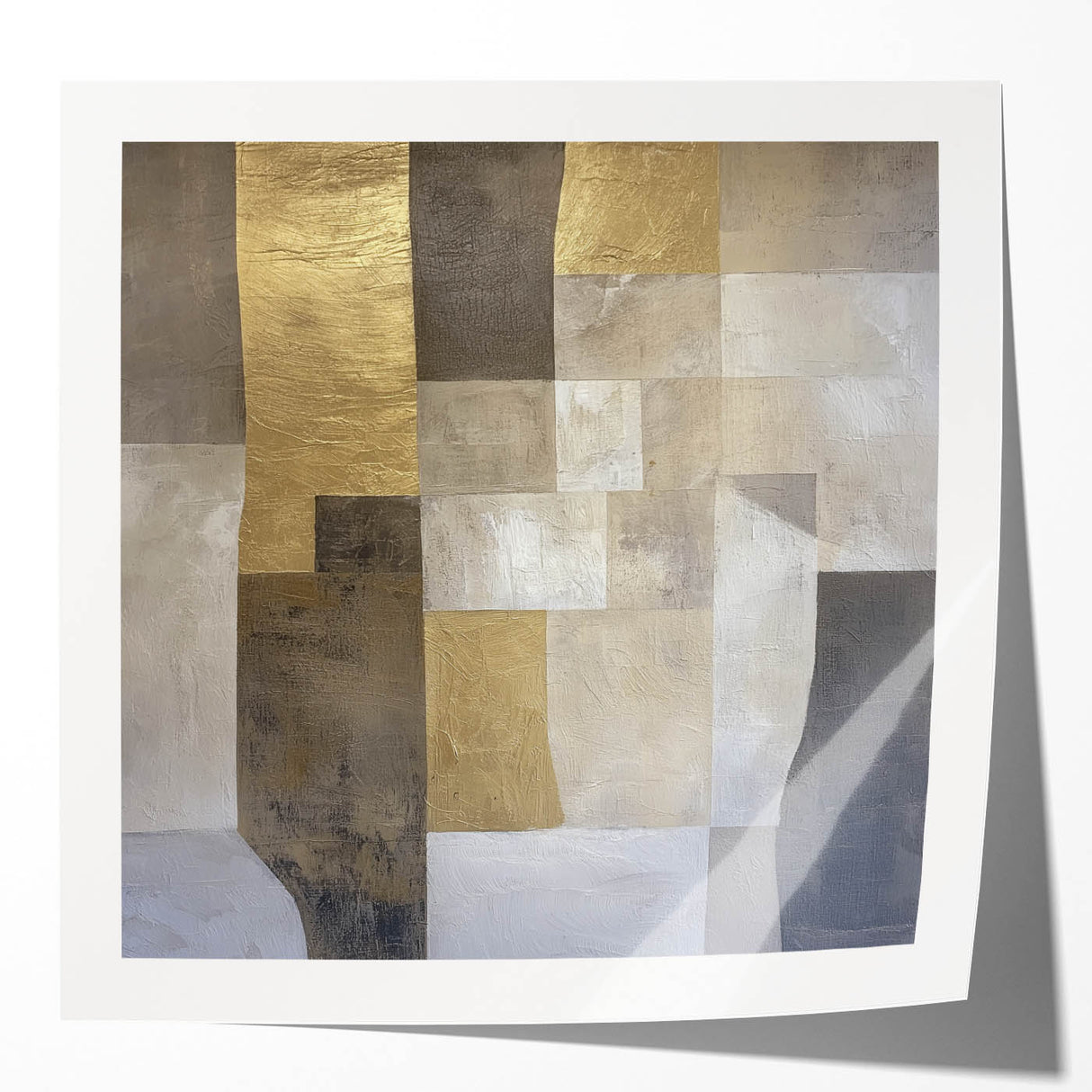 Abstract geometric photo print mockup set showcasing a glossy finish with vibrant colors and dynamic shapes, ideal for modern interior decor and design presentations.