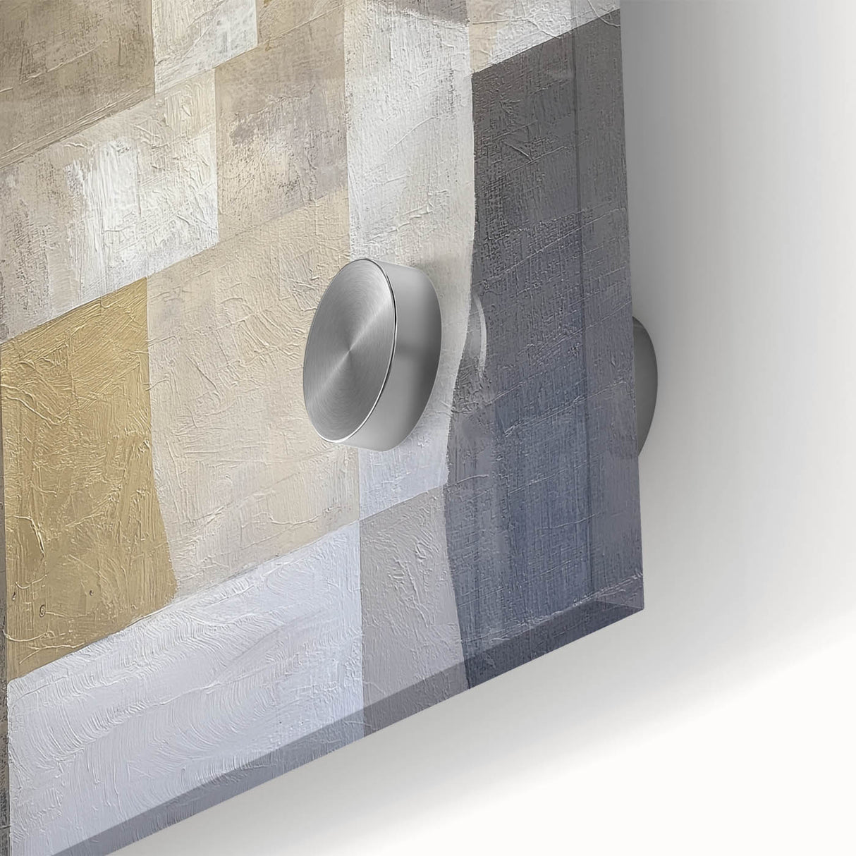 Close-up view of an abstract geometric design on acrylic glass, showcasing vibrant colors and intricate patterns, ideal for modern decor and artistic displays. Perfect for enhancing contemporary interiors with a striking visual element.