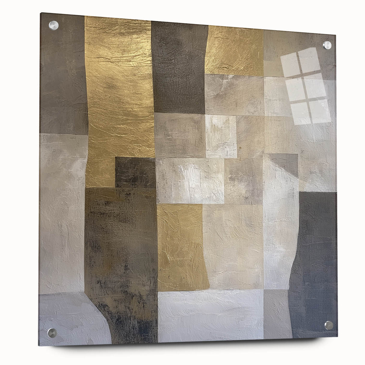 Abstract geometric acrylic glass artwork showcasing vibrant colors and unique shapes, viewed from the side with visible mounting pins, ideal for modern decor.