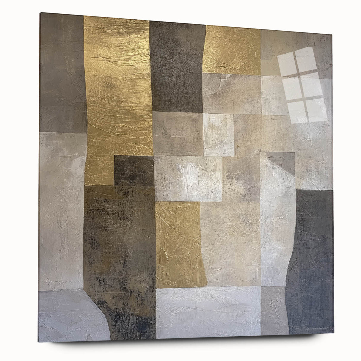 Abstract geometric acrylic glass art piece showcasing vibrant colors and intricate patterns, viewed from the side. Ideal for modern home decor or art collections.