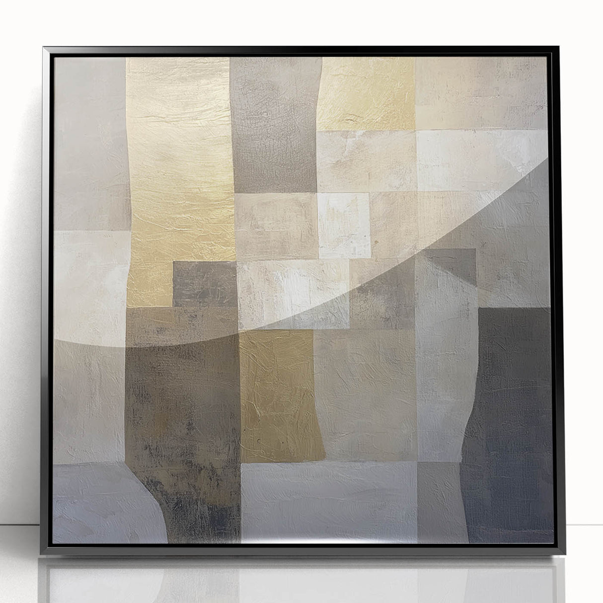 Framed acrylic artwork showcasing a modern abstract geometric design in black, perfect for contemporary home decor. Ideal for living rooms or offices.