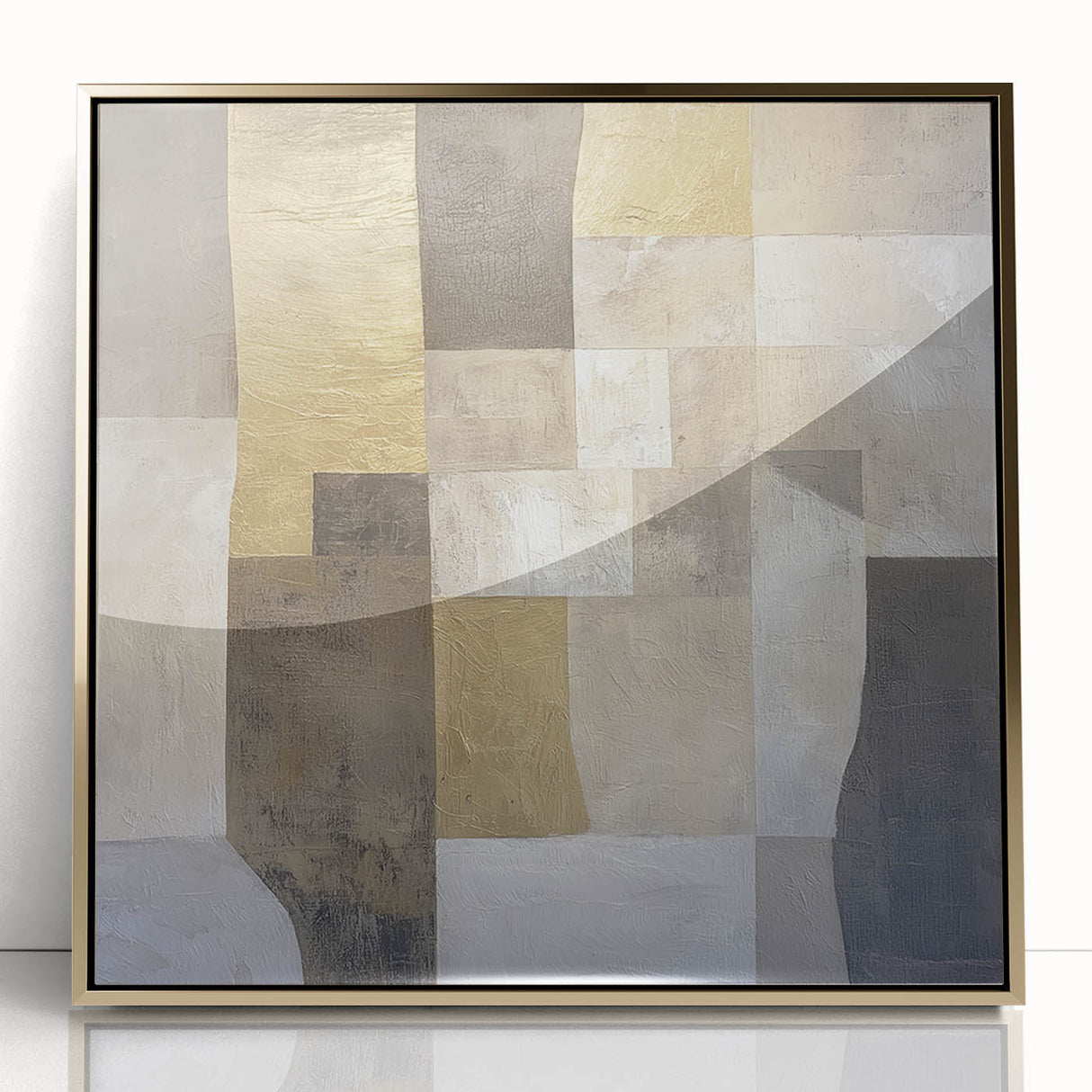 Framed acrylic artwork showcasing an abstract geometric design in gold tones, set against a sleek white background, perfect for modern home decor.
