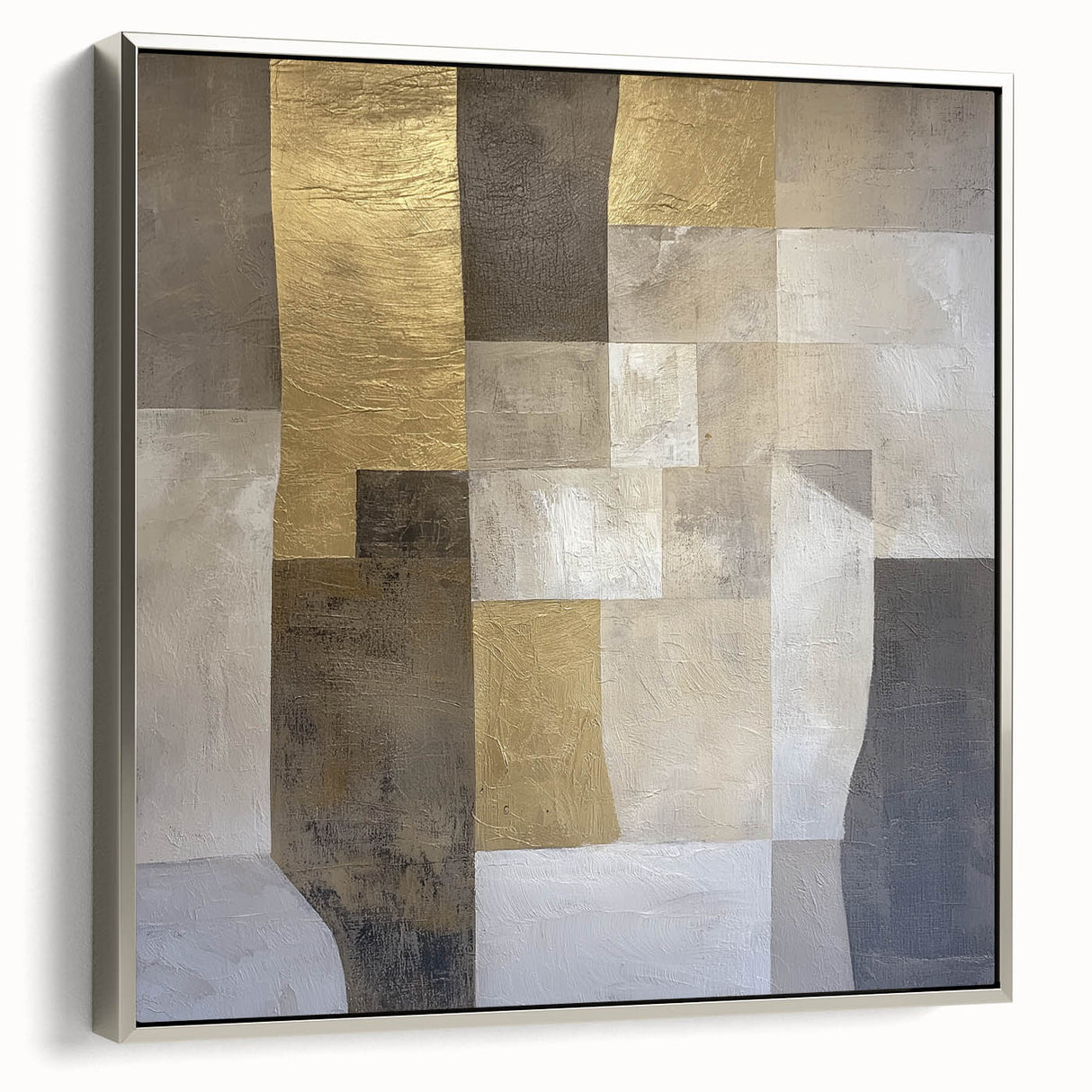 Abstract geometric framed canvas artwork showcasing a sleek silver frame, highlighting modern design elements and vibrant color contrasts, perfect for contemporary decor.