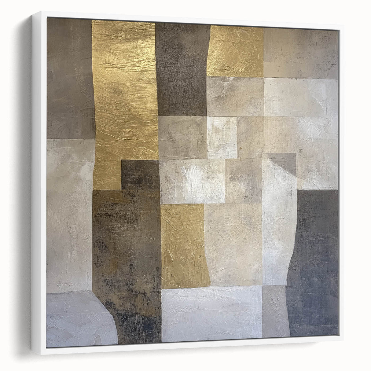 Abstract geometric framed canvas artwork showcasing a modern design with white and subtle gray tones, perfect for enhancing contemporary home decor. This piece adds elegance and style to any room setting.