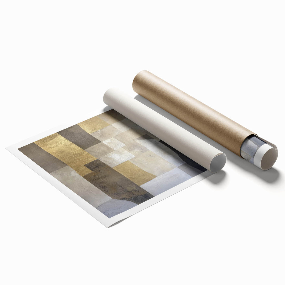Abstract geometric rolled print showcasing vibrant colors and intricate patterns, elegantly packaged in a protective cardboard tube, ideal for modern home decor.
