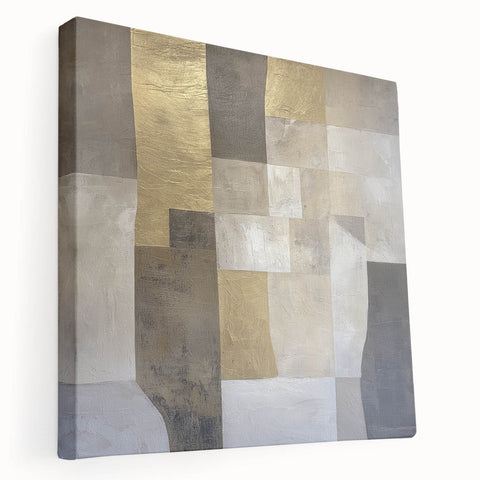 Abstract geometric stretched canvas artwork showcasing vibrant colors and intricate patterns, perfect for modern home decor. Side view highlights depth and texture, ideal for enhancing any living space.