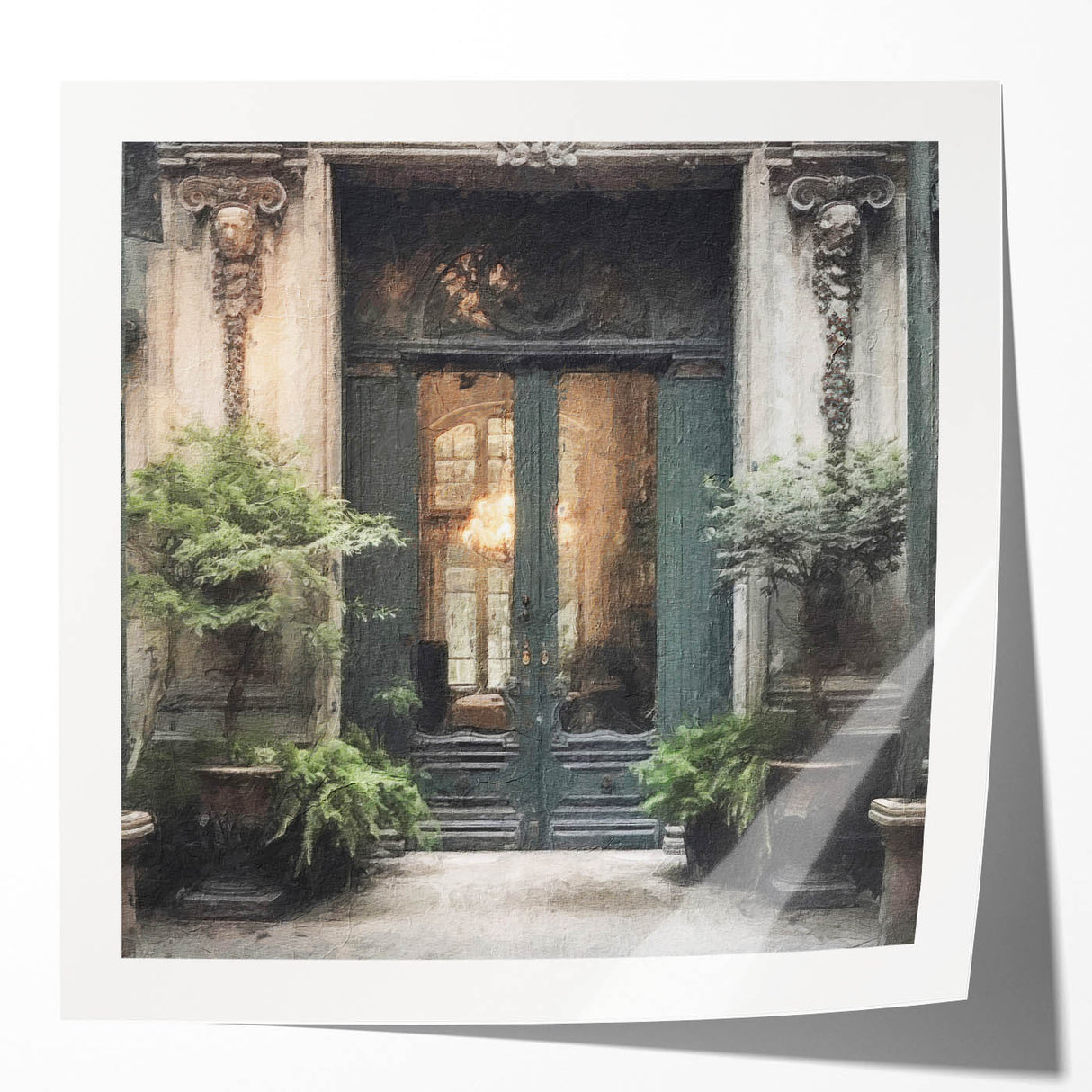 Extra large wall art featuring a detailed French door architecture in muted earth tones on glossy photo paper.