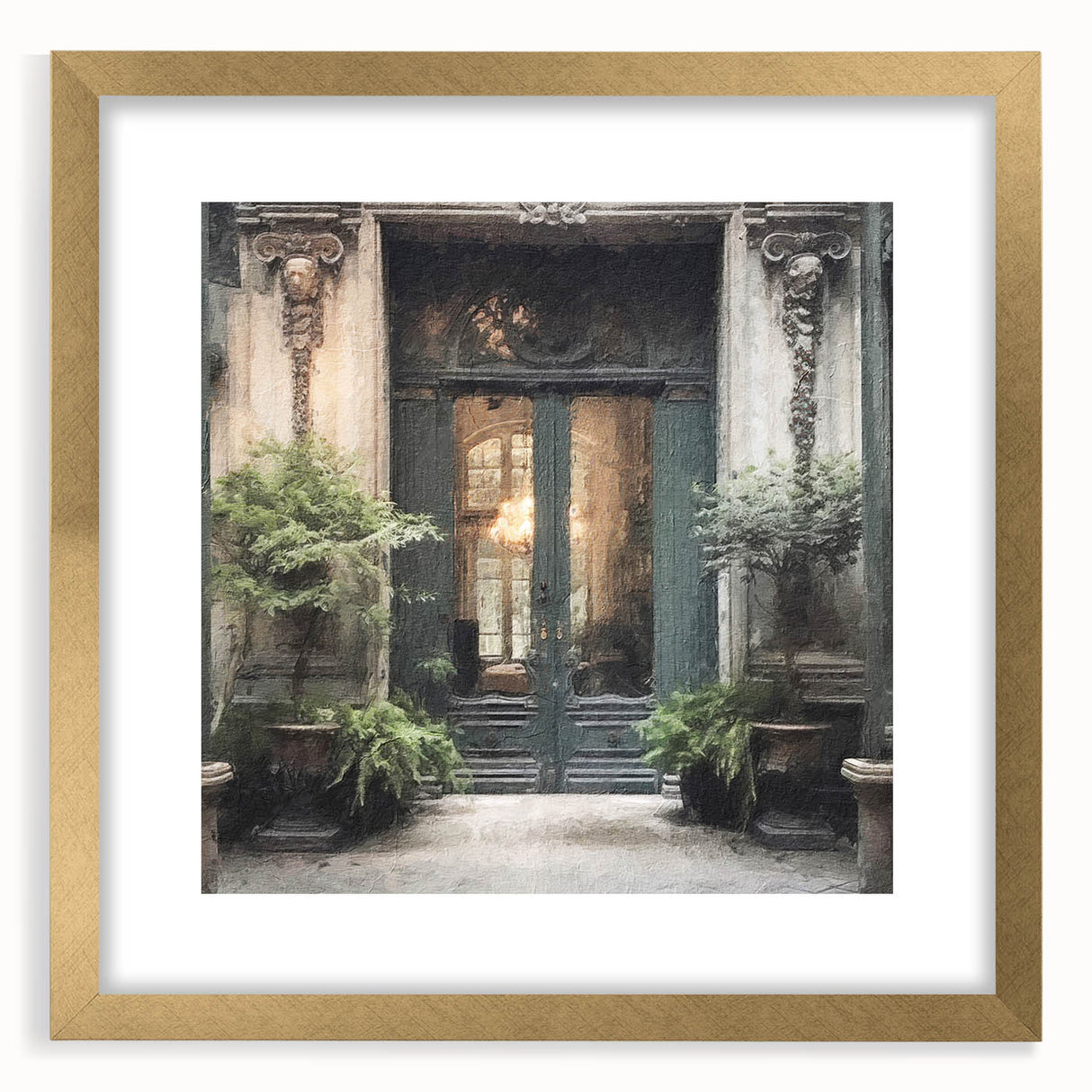 Extra large abstract art print featuring a textured depiction of a French door, in a gold frame, ideal for living room decor.