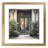 Extra large abstract art print featuring a textured depiction of a French door, in a gold frame, ideal for living room decor.
