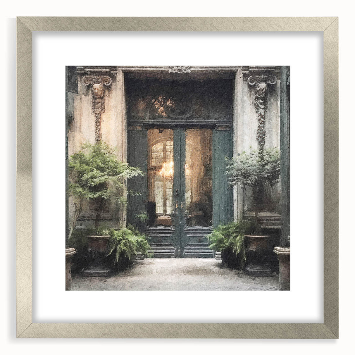 Textured abstract art print of a French door architecture in silver frame, ideal for bedroom wall decor.