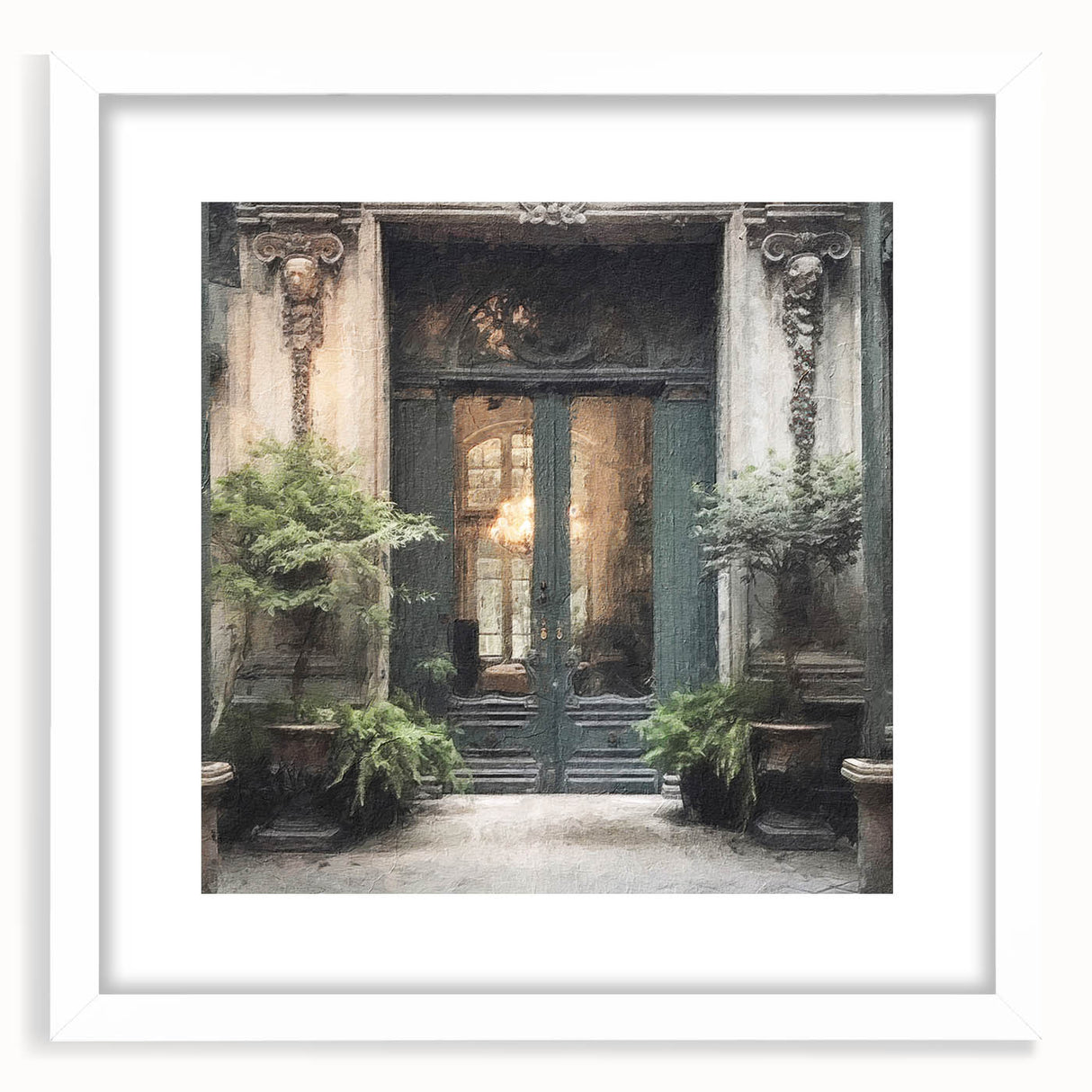 Abstract art print of a stylized French door in muted gray and white tones, framed with a white mat.