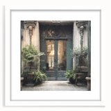 Abstract art print of a stylized French door in muted gray and white tones, framed with a white mat.