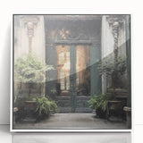 Art deco poster featuring a symmetric French door design in black and white, framed acrylic.