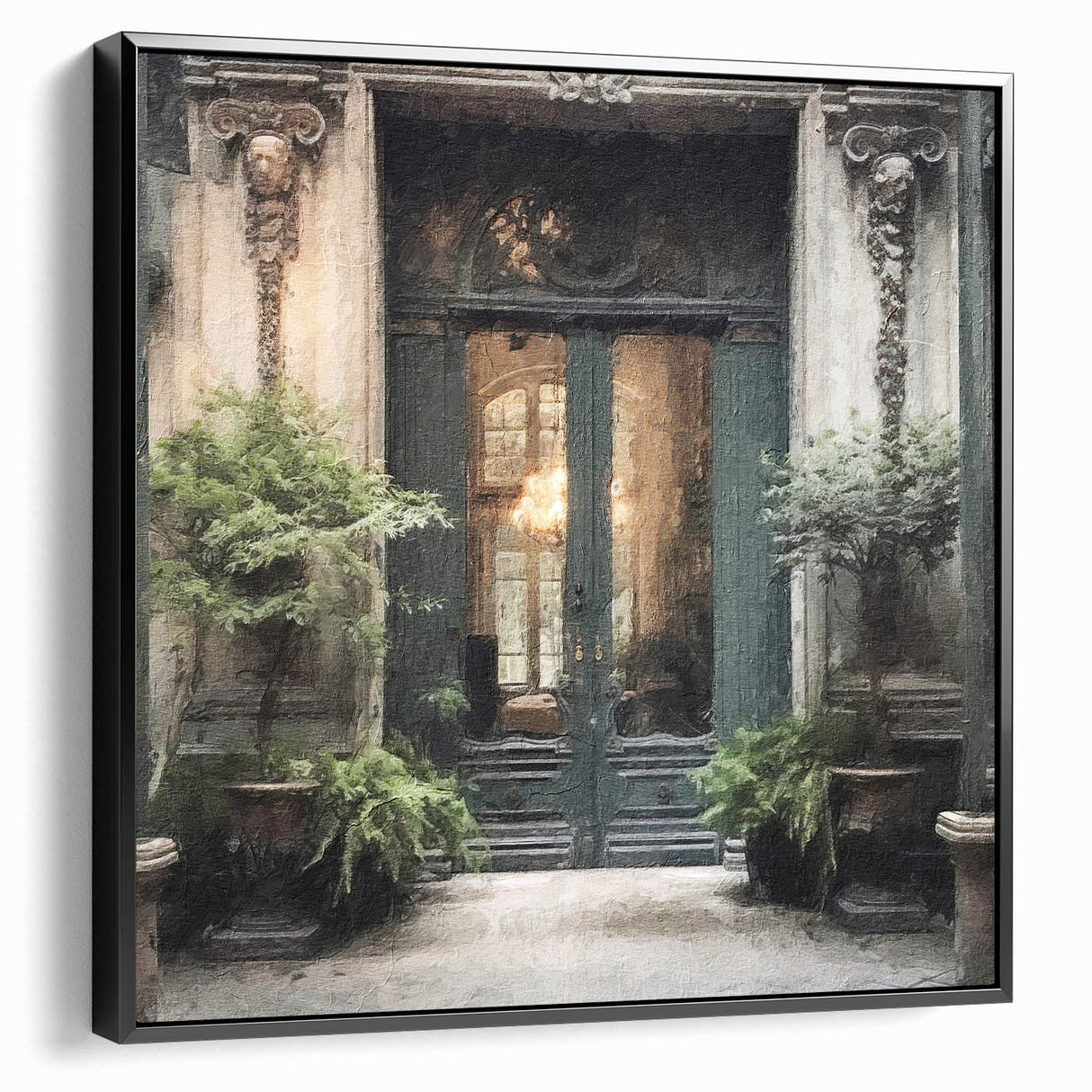 Black and white vintage poster art of a French door architecture on framed canvas, suitable for bedroom wall decor.